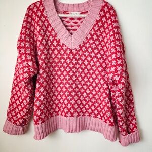 Chunky Knit Pink and White V-Neck Sweater